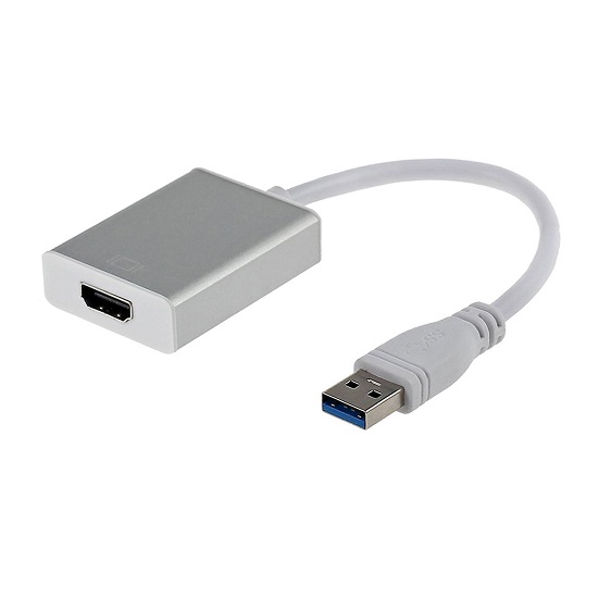 تبدیل USB 3 به HDMI با پس زمینه سفید و تبدیل ما که سیم آن رنگ سفید است و بدنه با رنگ سیلور می باشد 