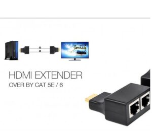 اکستندر افزایش طول HDMI با کابل شبکه CAT-5e6 با پس زمینه سفید که تبدیل مارو نشون میده که به رنگ مشکی می باشد و تصویری که نشان دهنده وصل کردن یک مانیتور به کیس با این تبدیل است