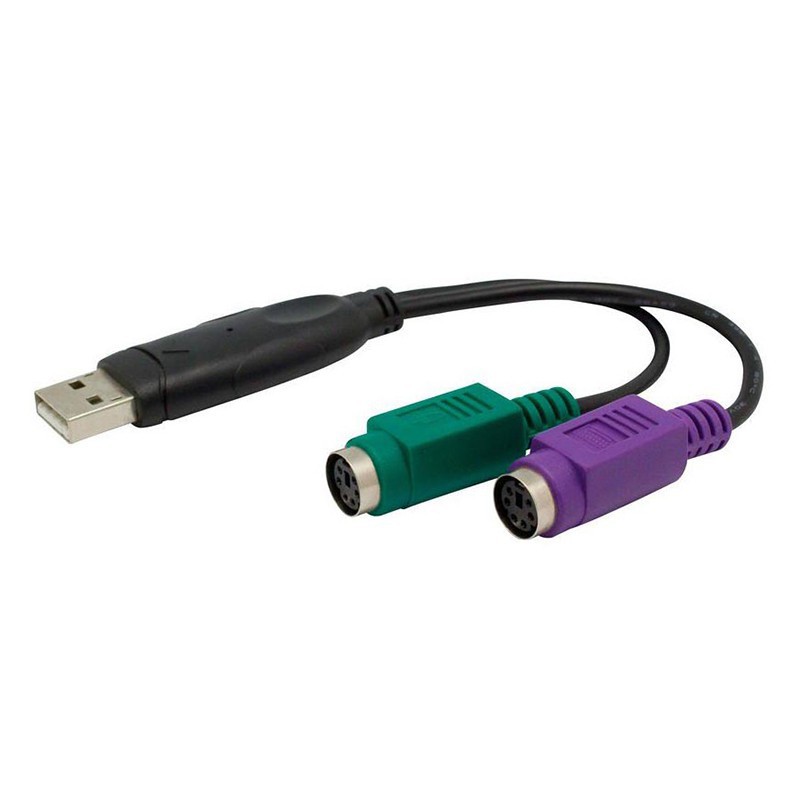 تبدیل USB به PS2 مخصوص کیبورد و موس قدیمی برند P-net با پس زمینه سفید که روی تبدیل ما قرار دارد که سری usb آن به رنگ مشکی است و سری های ps2 آن یکی به رنگ بنفش و دیگری سبز می باشد