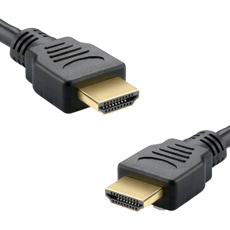 کابل HDMI به طول 1.5 متر رنگ مشکی با پس زمینه سفید که روی سوکت های HDMI ما قرار دارد که رنگ سیم های آن مشکی است