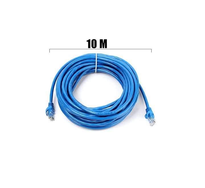 کابل شبکه 10 متری CAT 6 UTP برند legrand با پس زمینه سفید که روی آن کابل شبکه ما بروی آن قرار دارد که به رنگ آبی می باشد