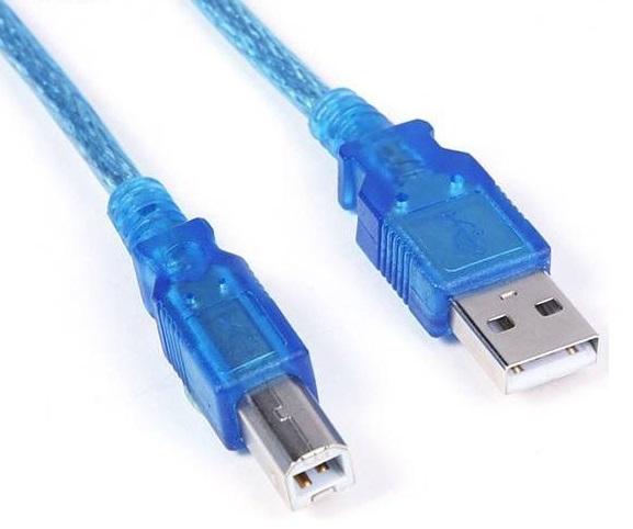 کابل پرینتر 1.5 متری شیلد دار USB 2.0 آبی برند E-net با پس زمینه سفید که به روی آن پورت USB  پورت مخصوص پرینتر ما قرار دارد که از نوع USB B می باشد