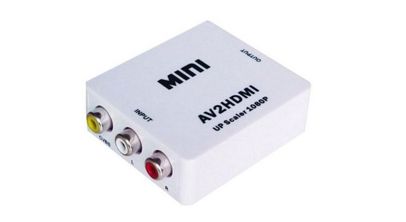 تبدیل AV به HDMI مدل MINI برند E-net با پس زمینه سفید که به روی آن مبدل ما قرار دارد و به رنگ سفید می باشد و نوشته های آن به رنگ مشکی است