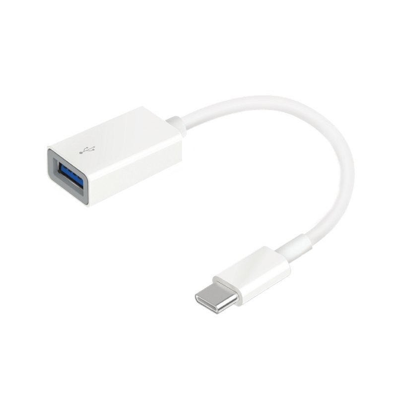 مبدل USB-C به USB تی پی-لینک مدل UC400 با پس زمینه سفید که به روی آن کابل تبدیل ما قرار دارد که به رنگ سفید است